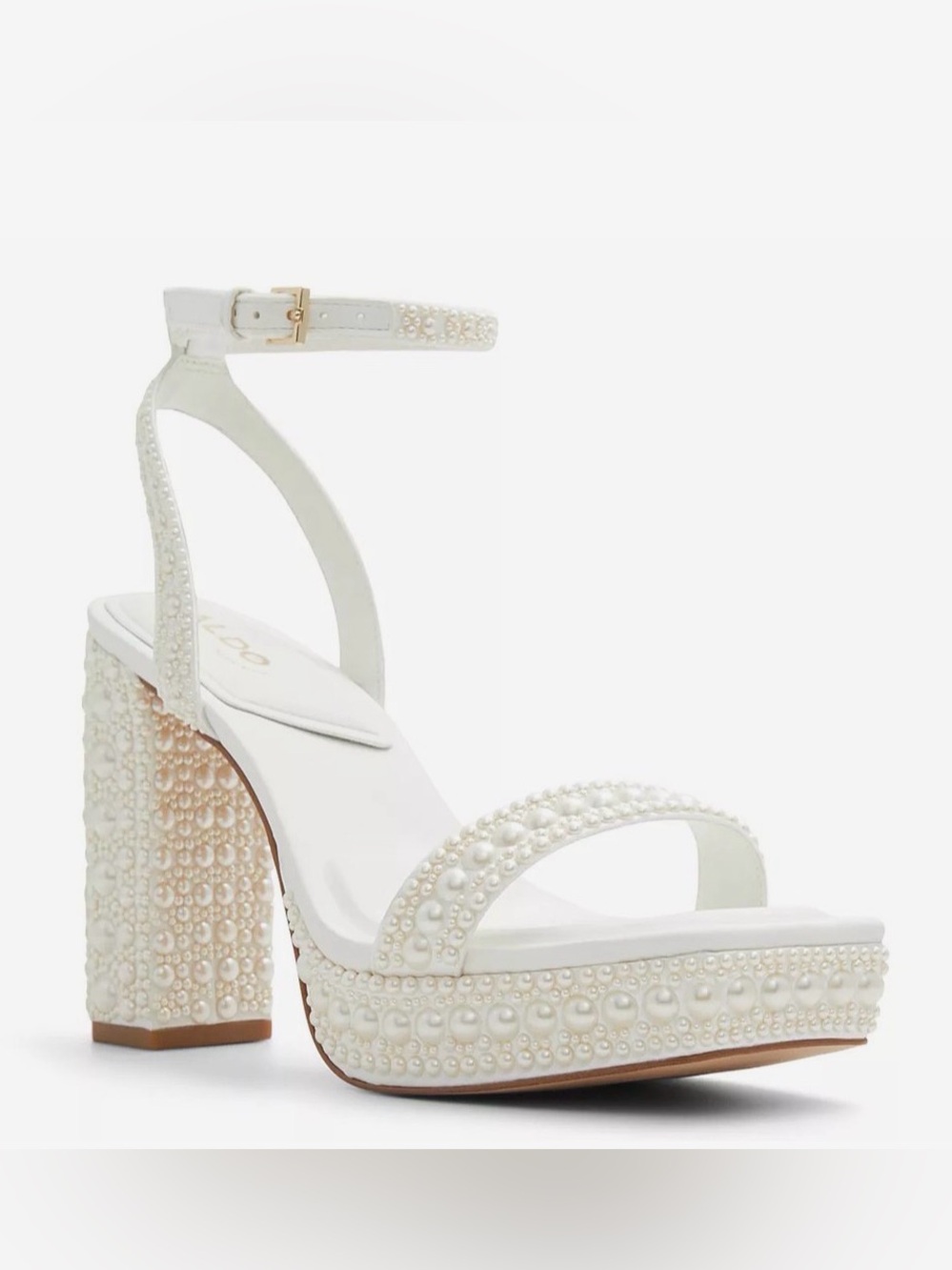 Aldo Pearl-Embellished White Platform Ankle-Strap Heel Size 9